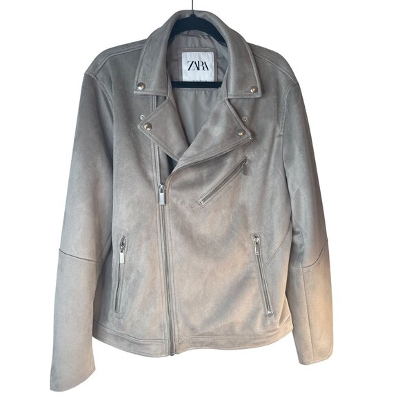 ZARA Gray Large Faux Suede Biker Jacket - Picture 2 of 16